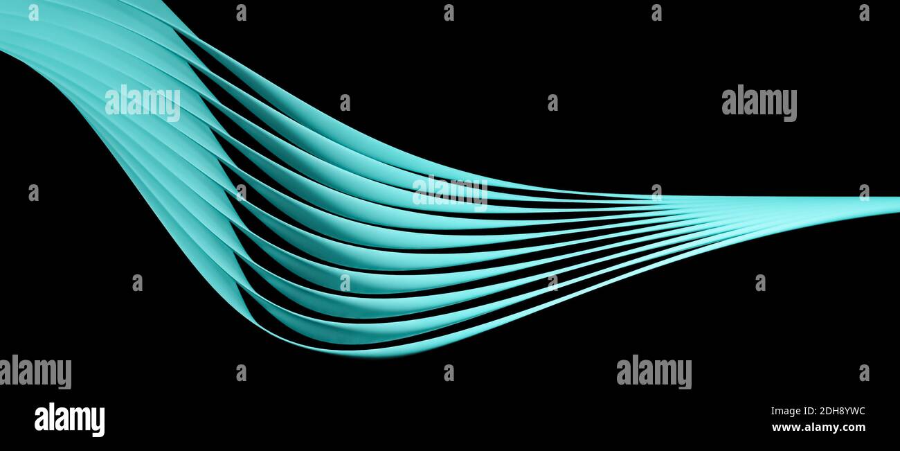 Abstract modern 3D object with many layers, flowing curves or shapes, black background, cgi illustration, rendering, turquoise Stock Photo