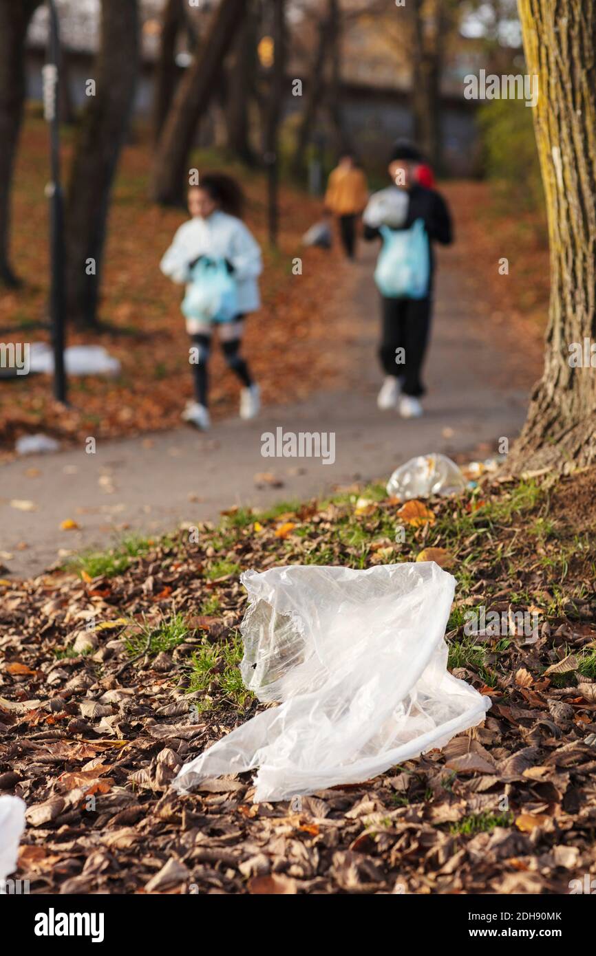 Young volunteers plogging on footpath by public park Stock Photo