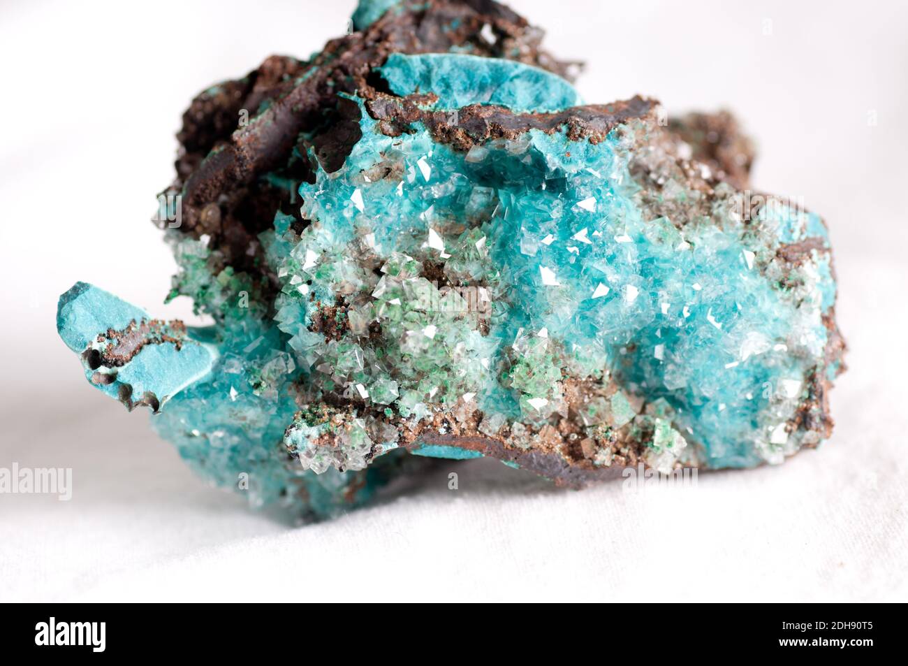 vibrant blue rosasite and calcite crystal mineral sample on granite ...