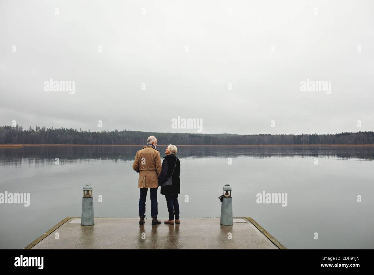Rear view of senior couple talking while standing by lake against clear sky Stock Photo