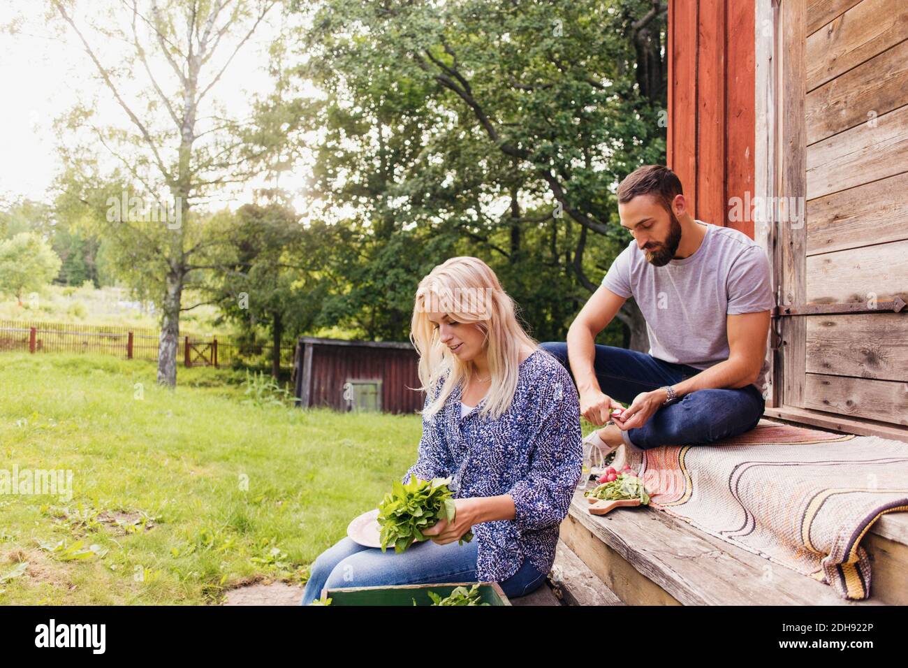 Friends cutting organic vegetables together while sitting outside