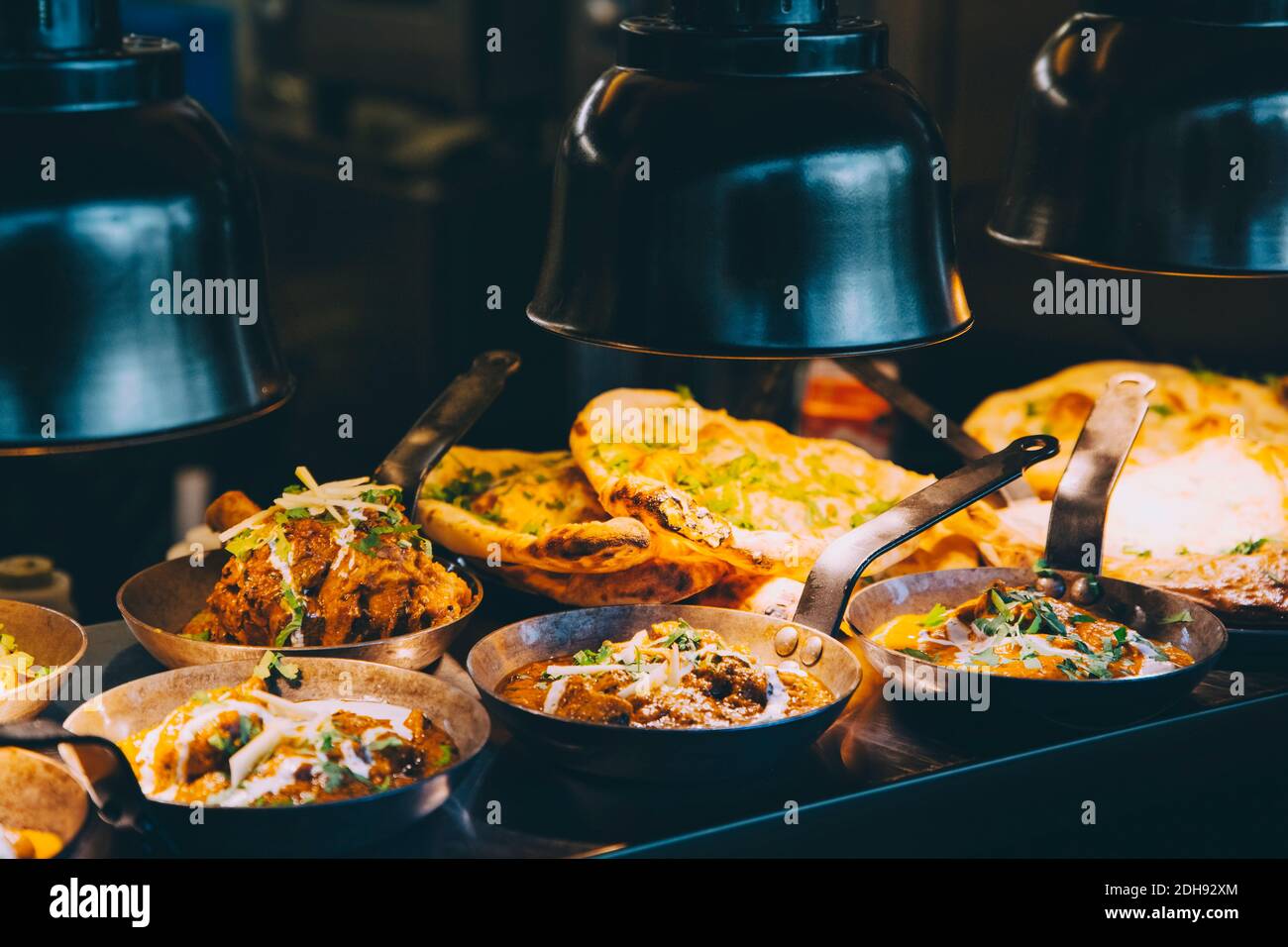 High angle view of Indian food served on concession stand of commercial land vehicle Stock Photo
