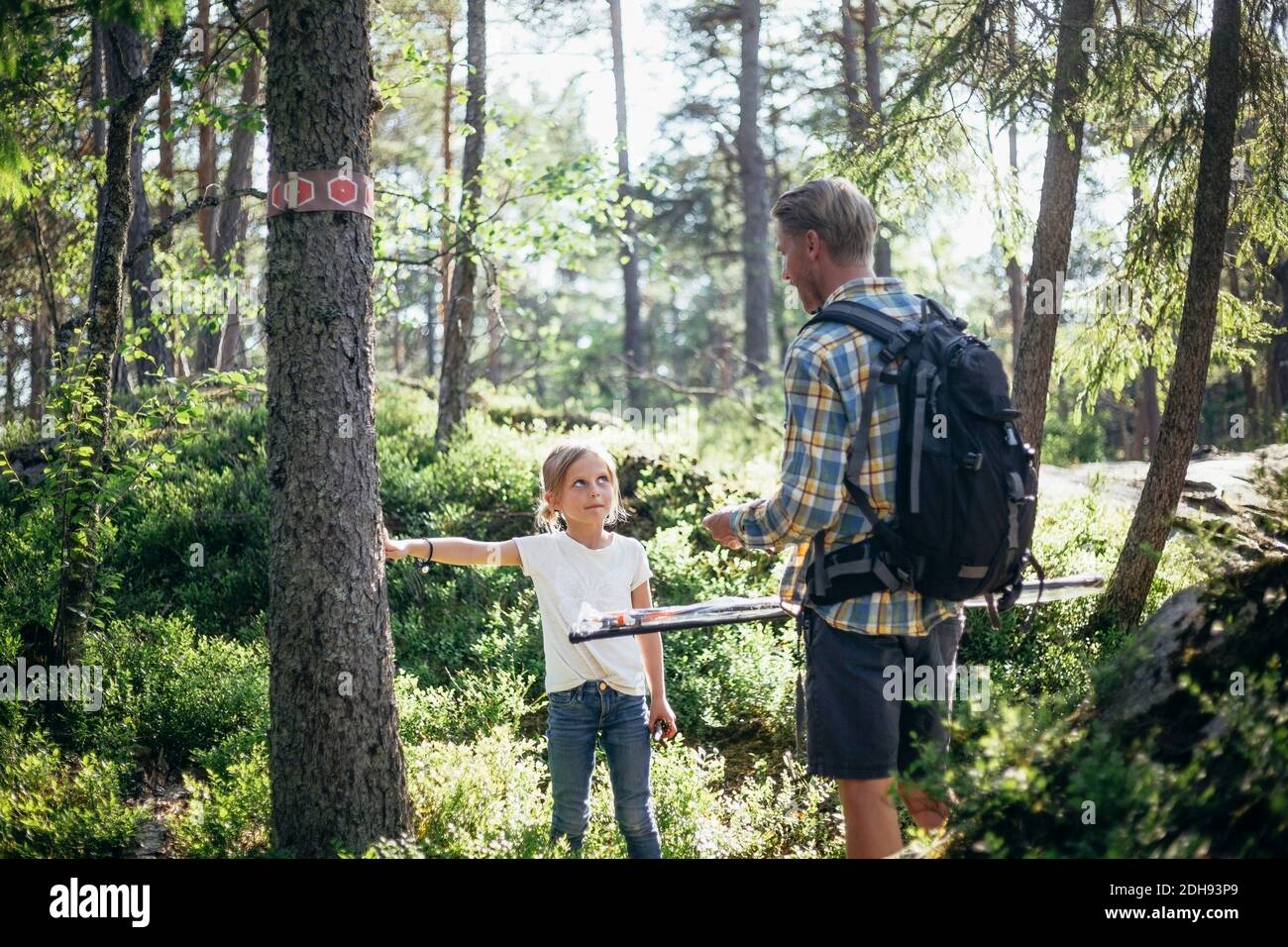 Daughter talking to father while standing by tree trunk in forest Stock ...