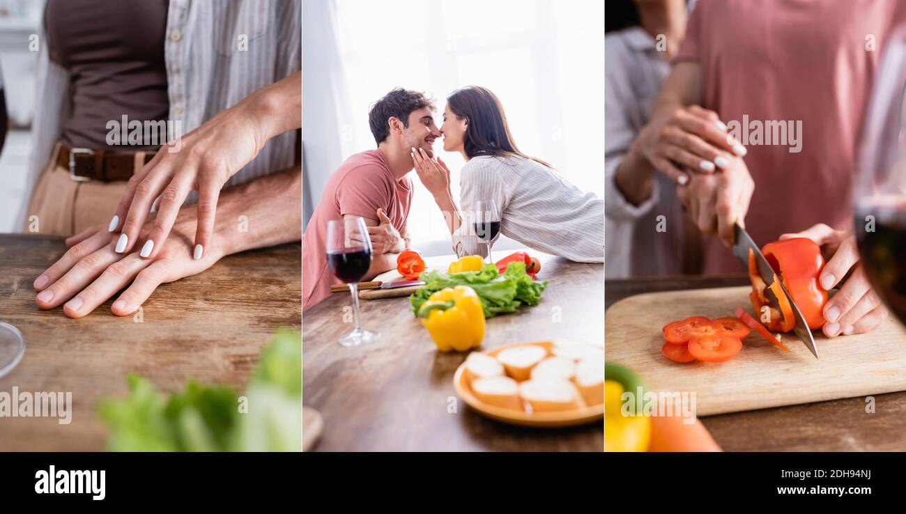 Collage of smiling couple kissing and cooking near glasses of wine in kitchen, banner Stock Photo