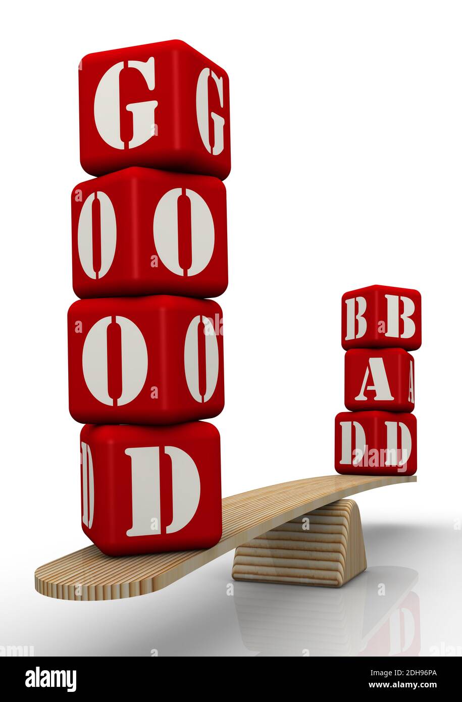 The words GOOD and BAD, made of red cubes, are weighed in the balance ...