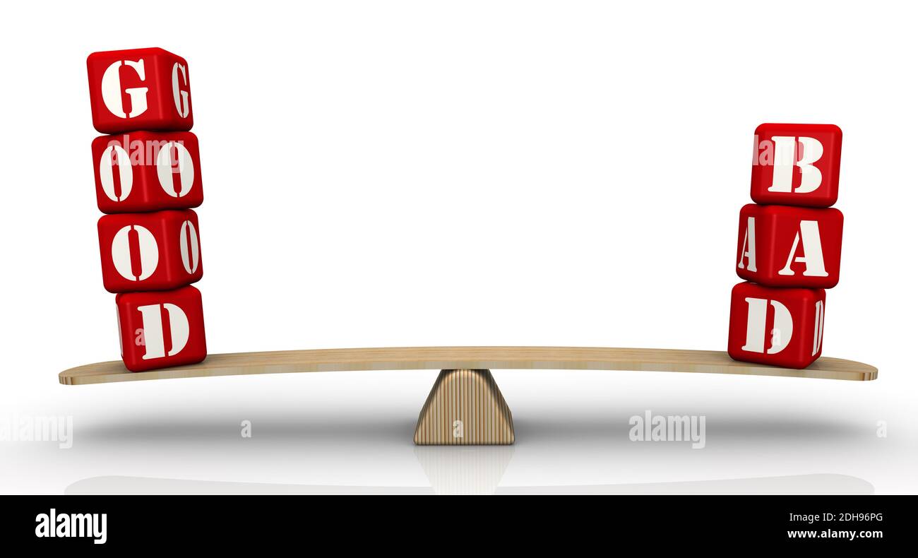 The words GOOD and BAD, made of red cubes, are weighed in the balance ...