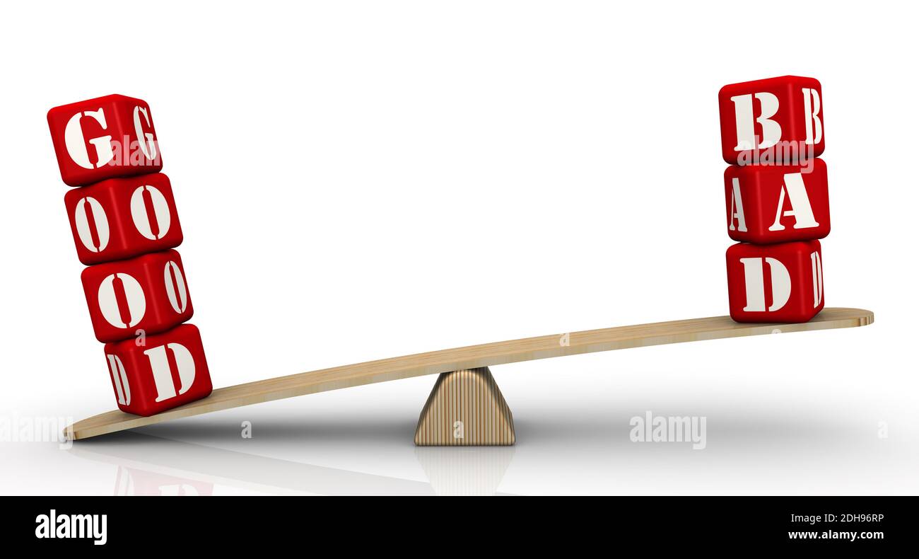 The words BAD and GOOD (made from red cubes with letters) are weighed ...