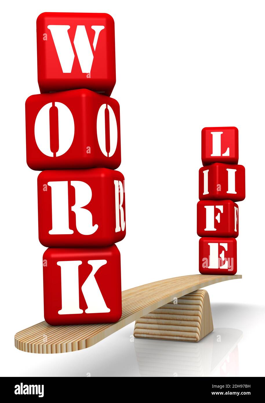 The words WORK and LIFE (made from red cubes with letters) are weighed ...