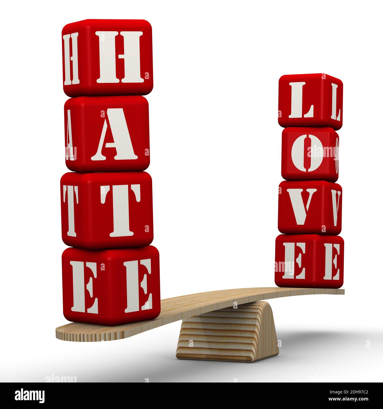 Hate or love. The words HATE and LOVE (made from red cubes labeled with ...