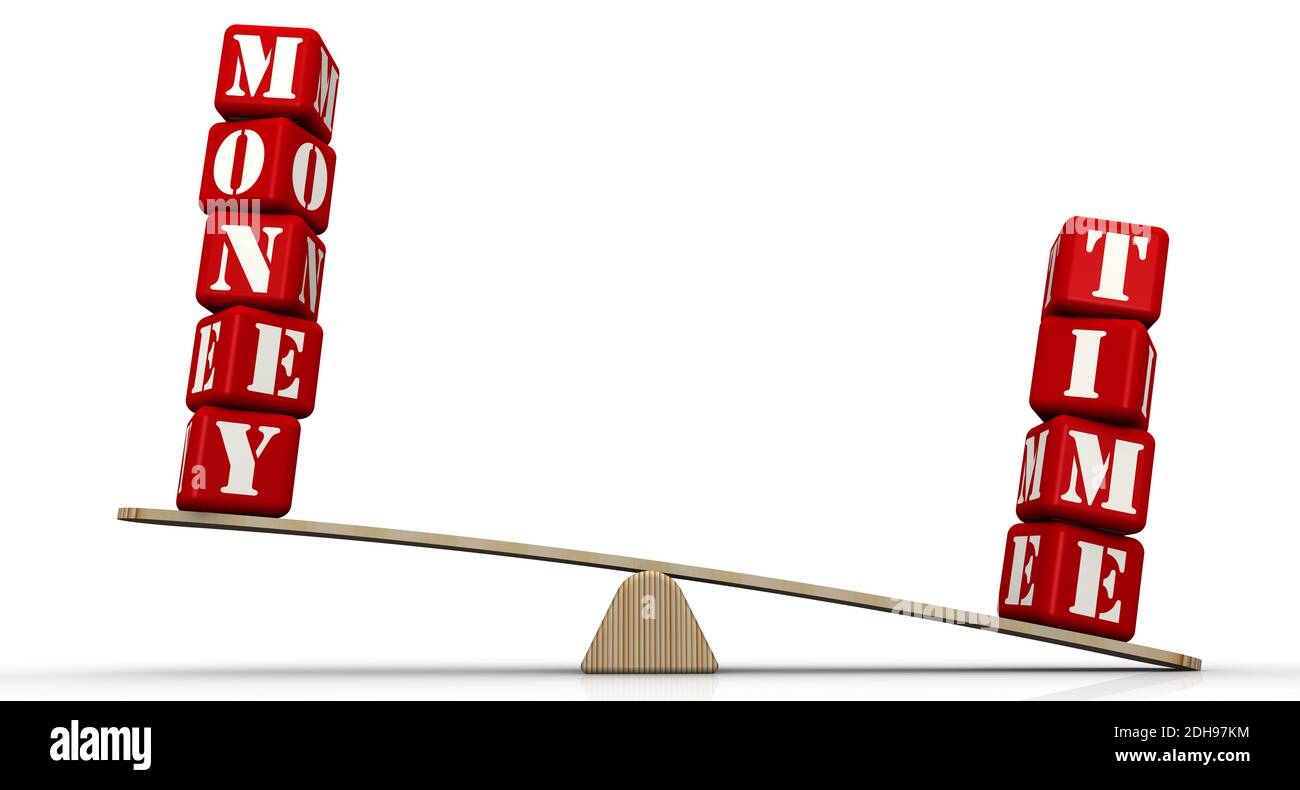Time outweighs money. The words TIME and MONEY (made from red cubes with letters) are weighed in the balance. The word TIME outweighs the word MONEY Stock Photo