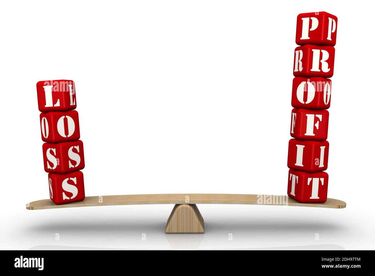 The words LOSS and PROFIT on the scales. The words LOSS and PROFIT (made from red cubes with letters) are weighed in the balance. 3D illustration Stock Photo