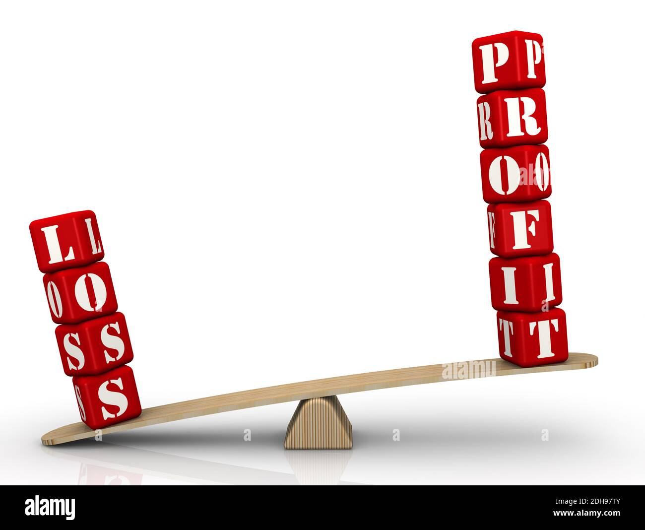 The words LOSS and PROFIT (made from red cubes with letters) are weighed in the balance. The word LOSS outweighs the word PROFIT. 3D Illustration Stock Photo