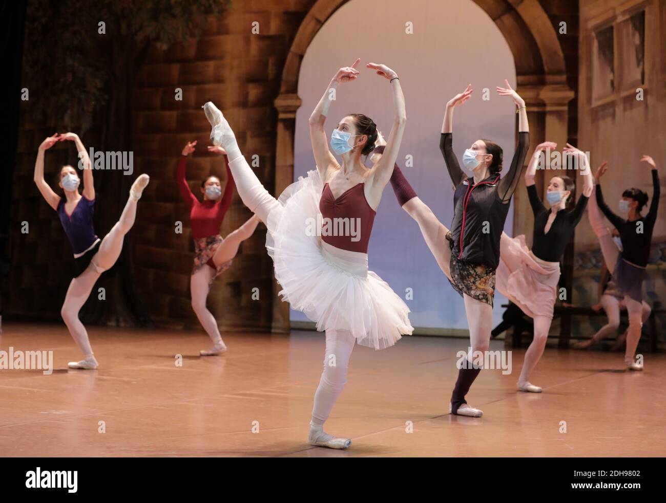 dancers wearing protective face masks perform on stage during a rehearsal of the don quichotte ballet at the theatre de l opera in nice as french theaters cinemas and museums which has been