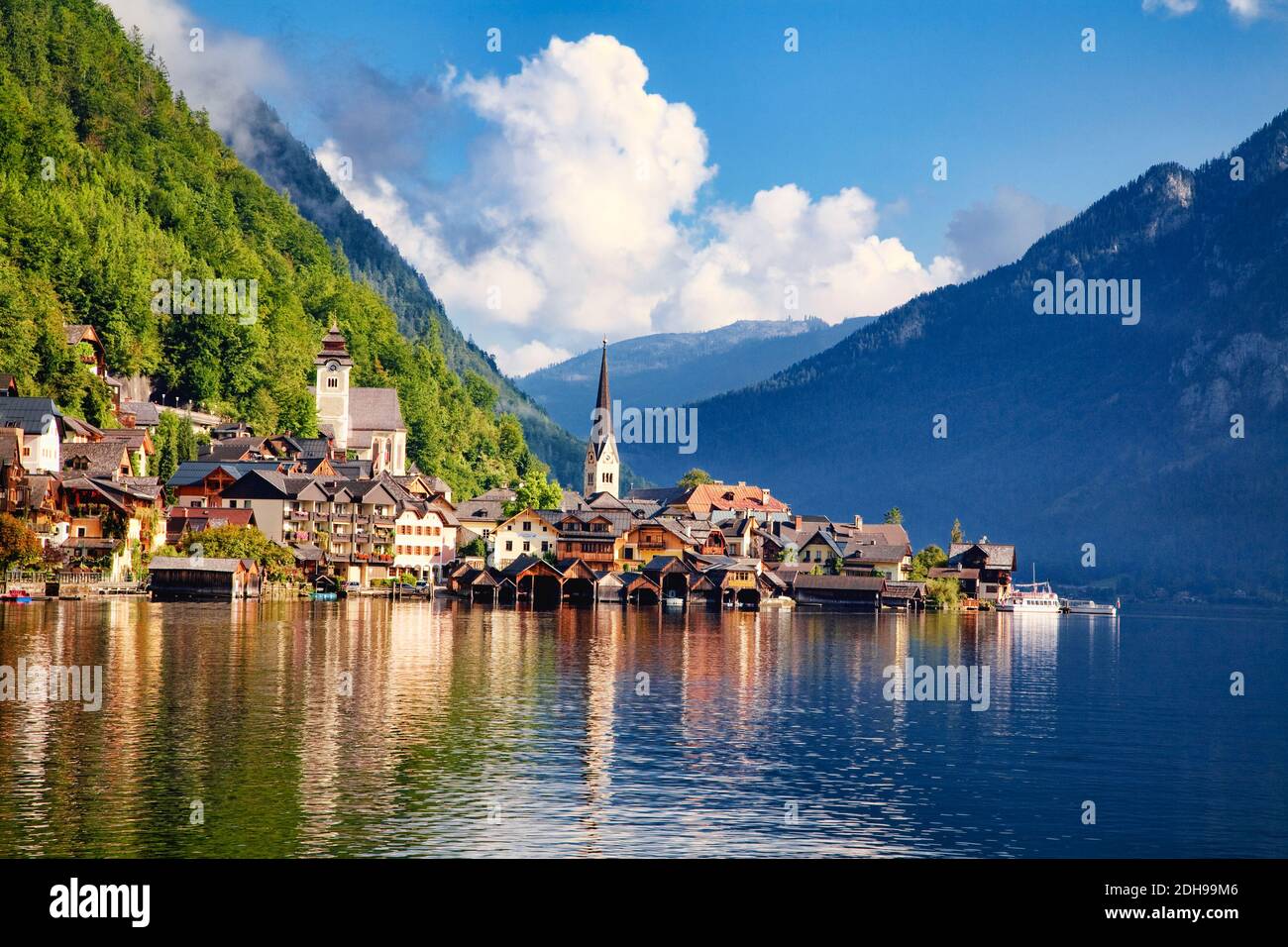The small, historic and very scenic Hallstatt sits on the shores of the Halstattersee, Austria. Stock Photo