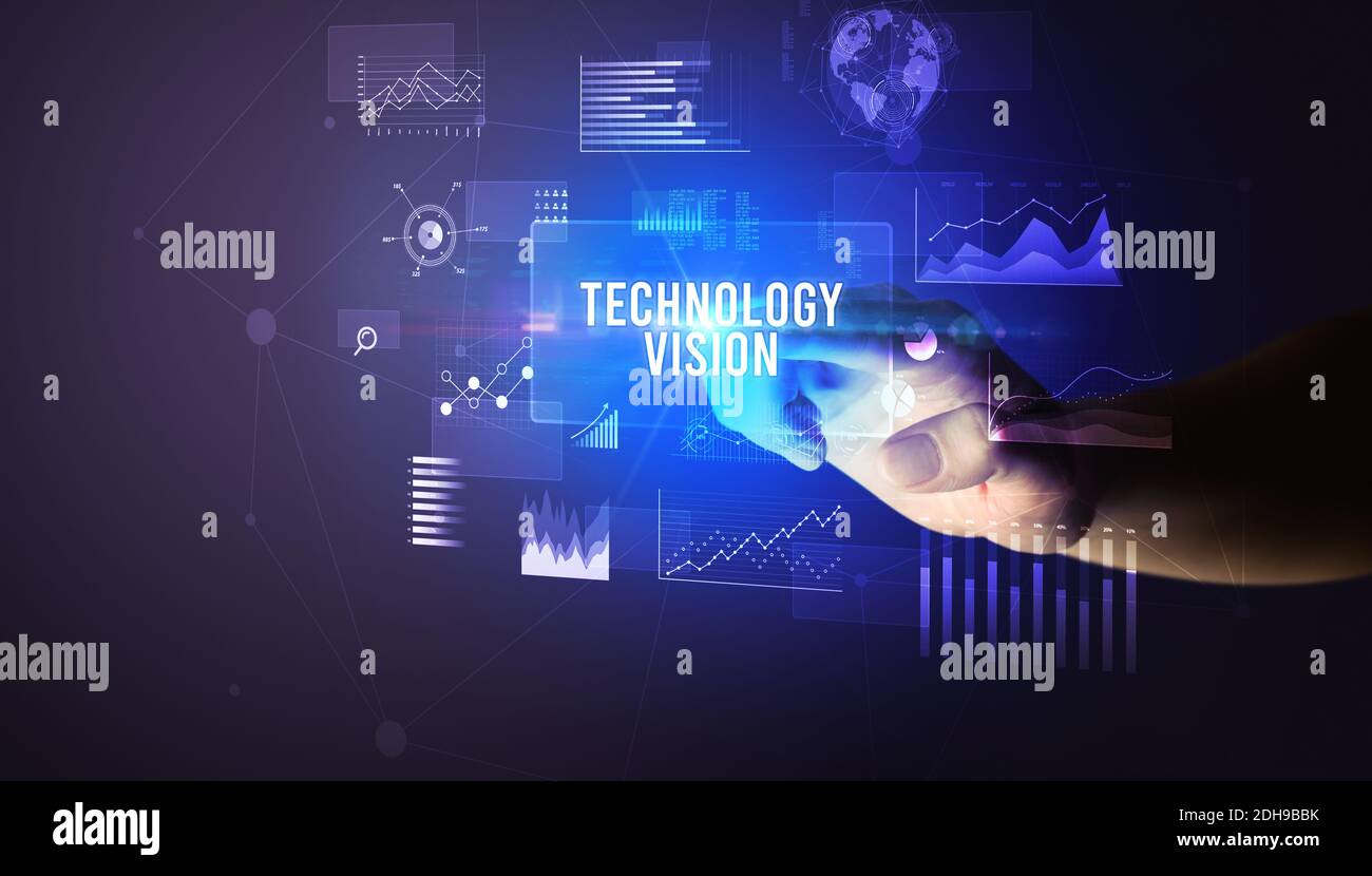 Hand touching TECHNOLOGY VISION inscription, new business technology ...