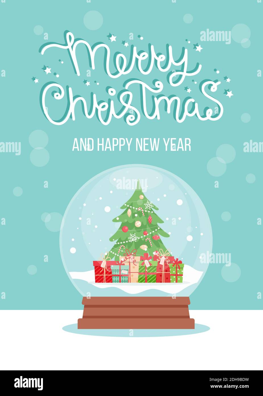 Snow globe with decorated christmas tree, vector illustration in flat ...