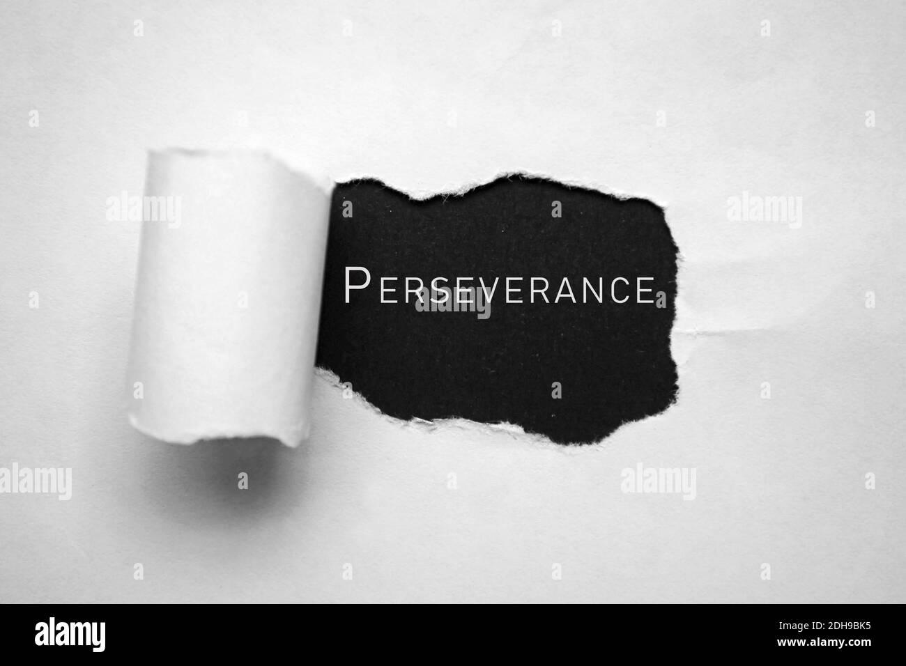 Perseverance text on white torn paper background. Motivational and powerful words Stock Photo