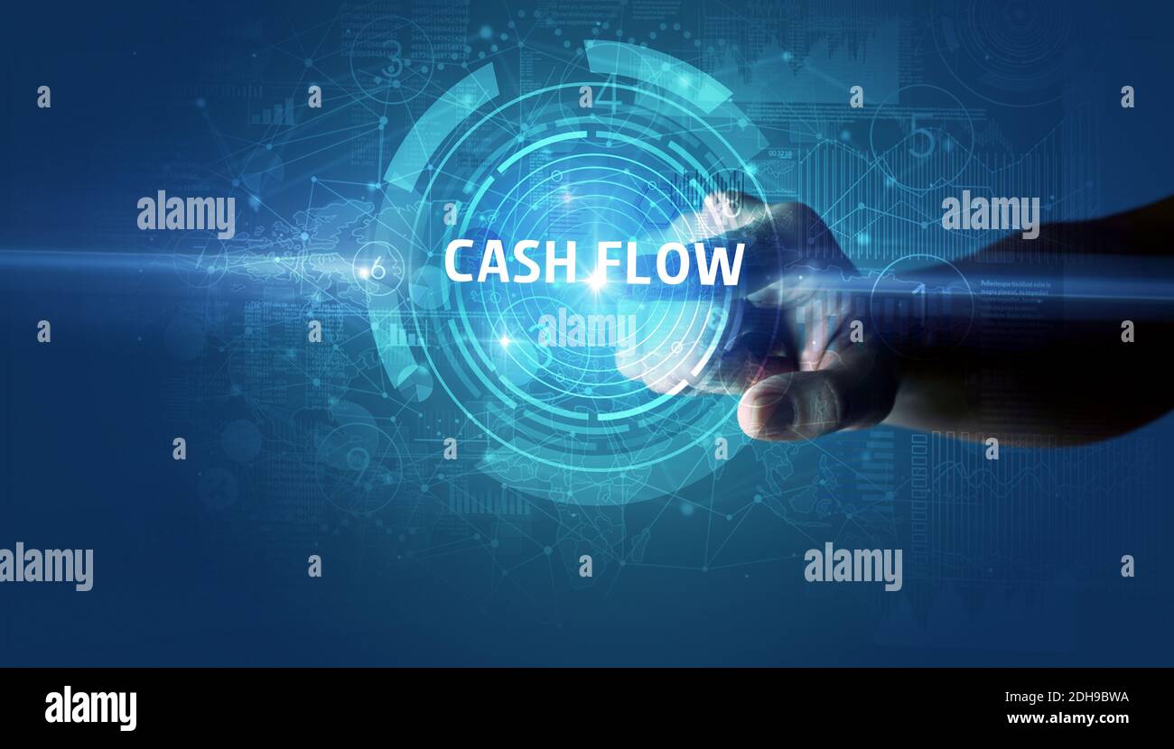 Hand touching CASH FLOW button, modern business technology concept Stock Photo
