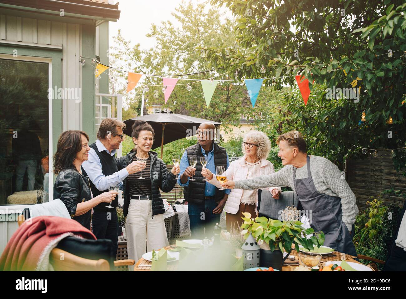 Active senior male and female friends raising toast with drink while standing at back yard during garden dinner party Stock Photo