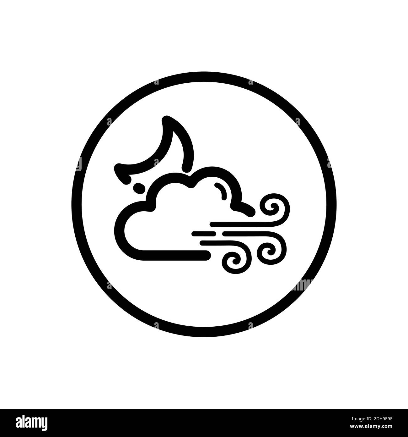 Strong wind, moon and cloud. Outline icon in a circle. Isolated weather ...