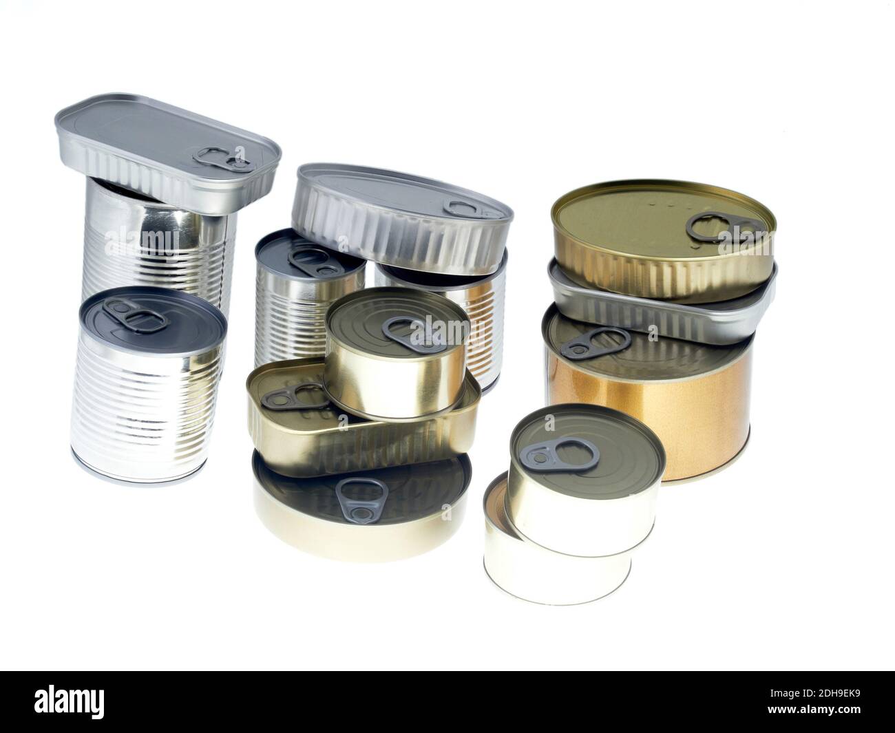 A group of aluminum cans with prepared foods for consumption, vegetables, fish and meat Stock