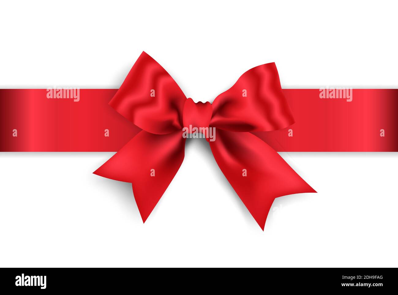 Set of satin decorative red bows with horizontal yellow ribbon isolated on  white background. Vector red bow and red ribbon Stock Vector