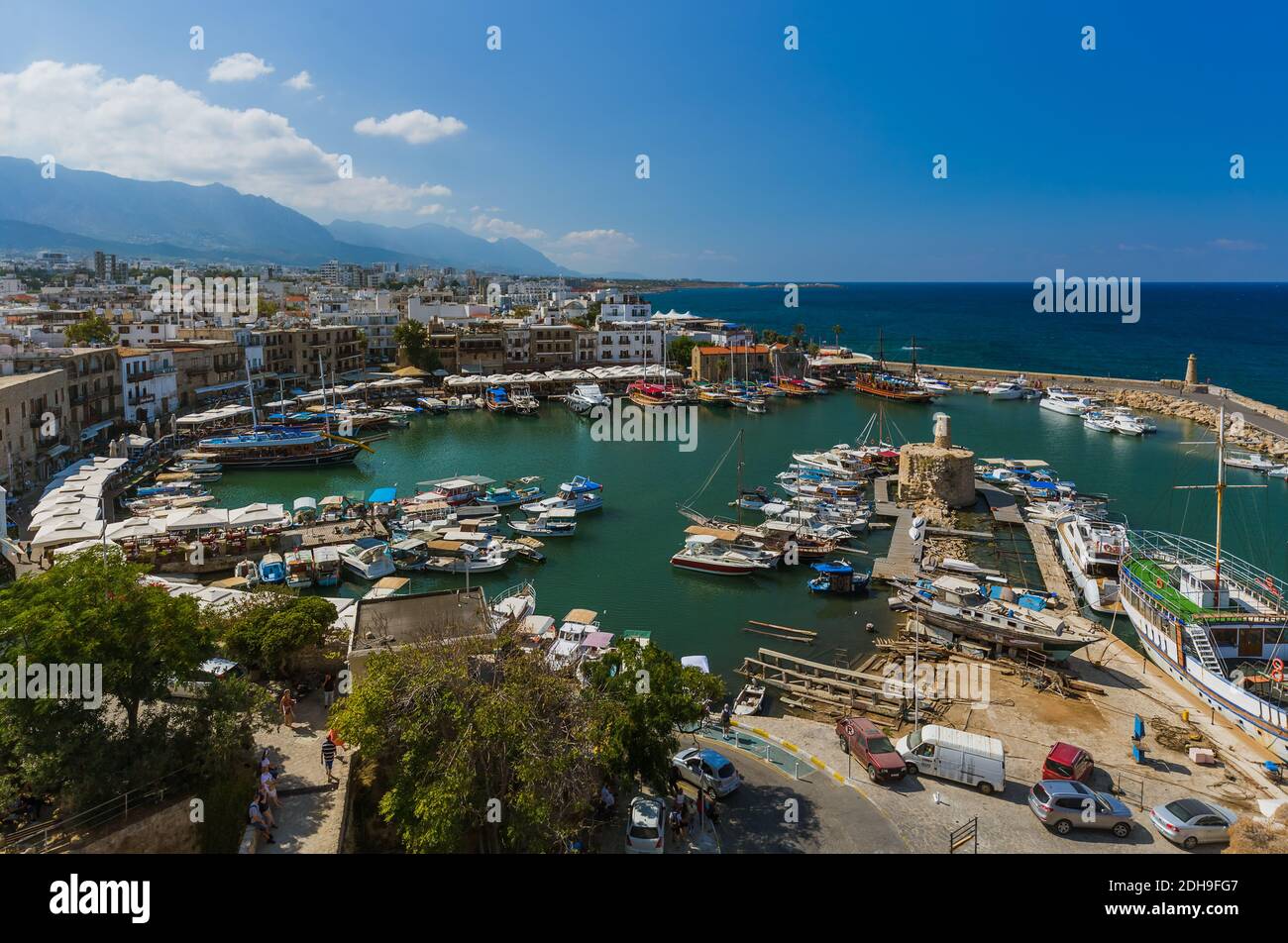 Kyrenia (Girne), Northern Cyprus - October 03, 2019: Old harbour of Kyrenia (Girne) and medieval fortress Stock Photo