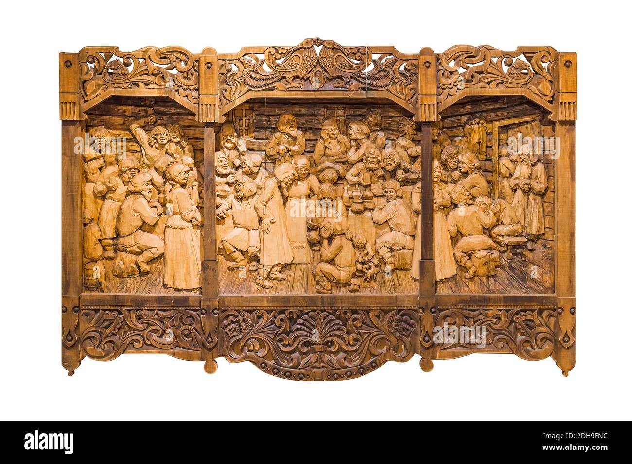 Sortavala, Russia - July 29, 2020: Pictures of Russian life carved from wood by the artist Kronid Gogolev in the museum Stock Photo