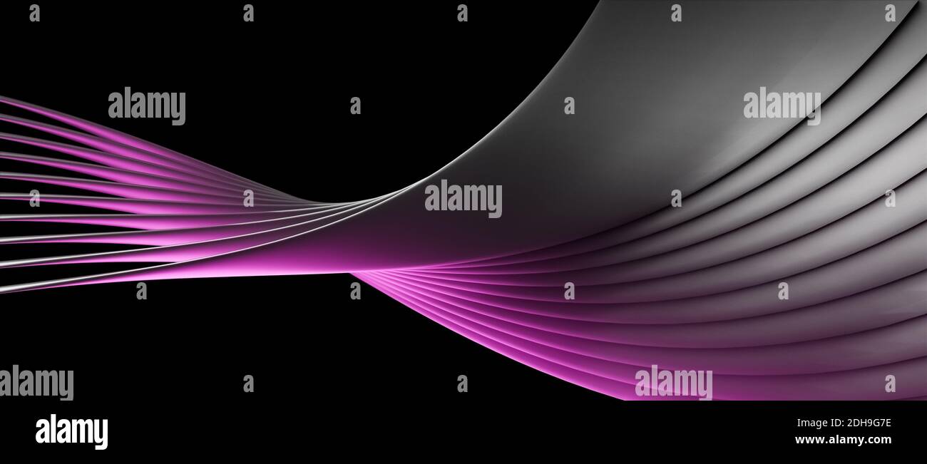 Abstract modern twisted 3D object with many layers, flowing curves or shapes, black background, cgi illustration, rendering, pink, purple, dark, grey Stock Photo