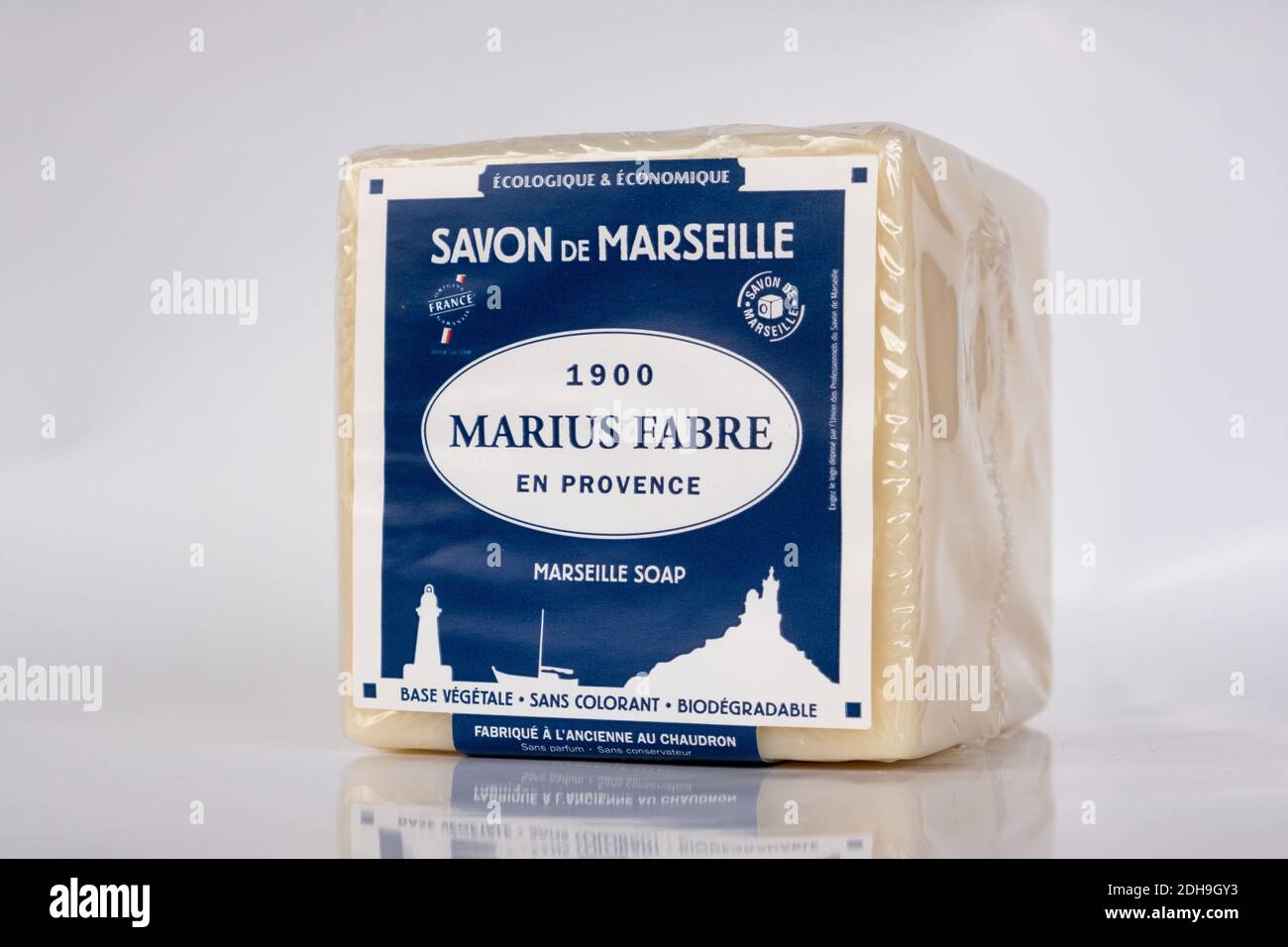 Marseille soap (French “savon de Marseille”) by French soap maker Marius  Fabre, traditional hard soap made from vegetable oils Stock Photo - Alamy