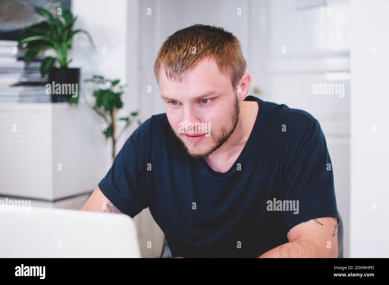 Young businessman using laptop in creative office Stock Photo