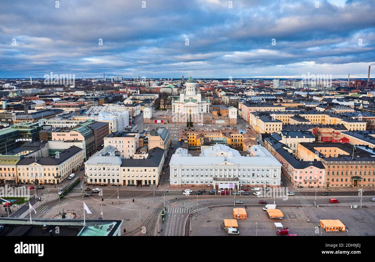 Aerial view of the Kruununhaka Central neighborhood of Helsinki, Finland. View of Helsinki City Hall, Helsinki Cathedral, Senate Square, and over plac Stock Photo