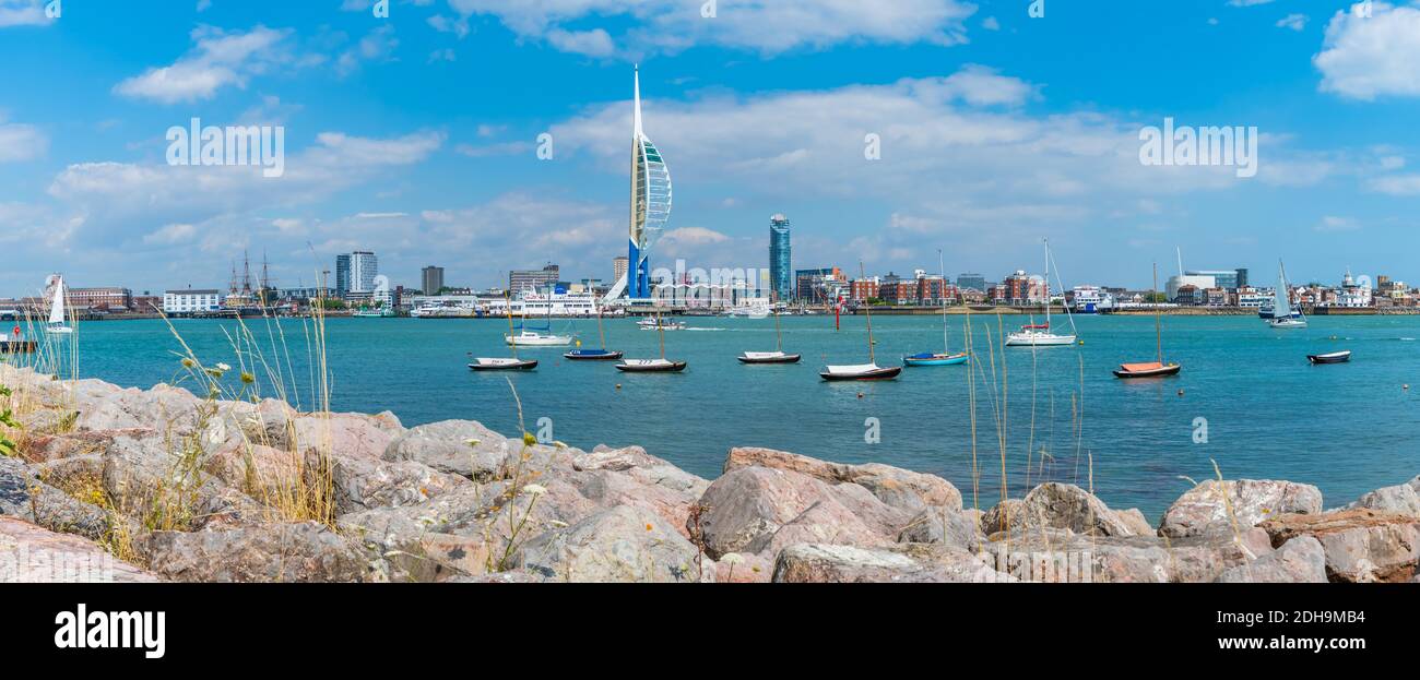 Panoramic view of Portsmouth across Portsmouth Harbour from Gosport in Portsmouth, Hampshire, England, UK. Stock Photo