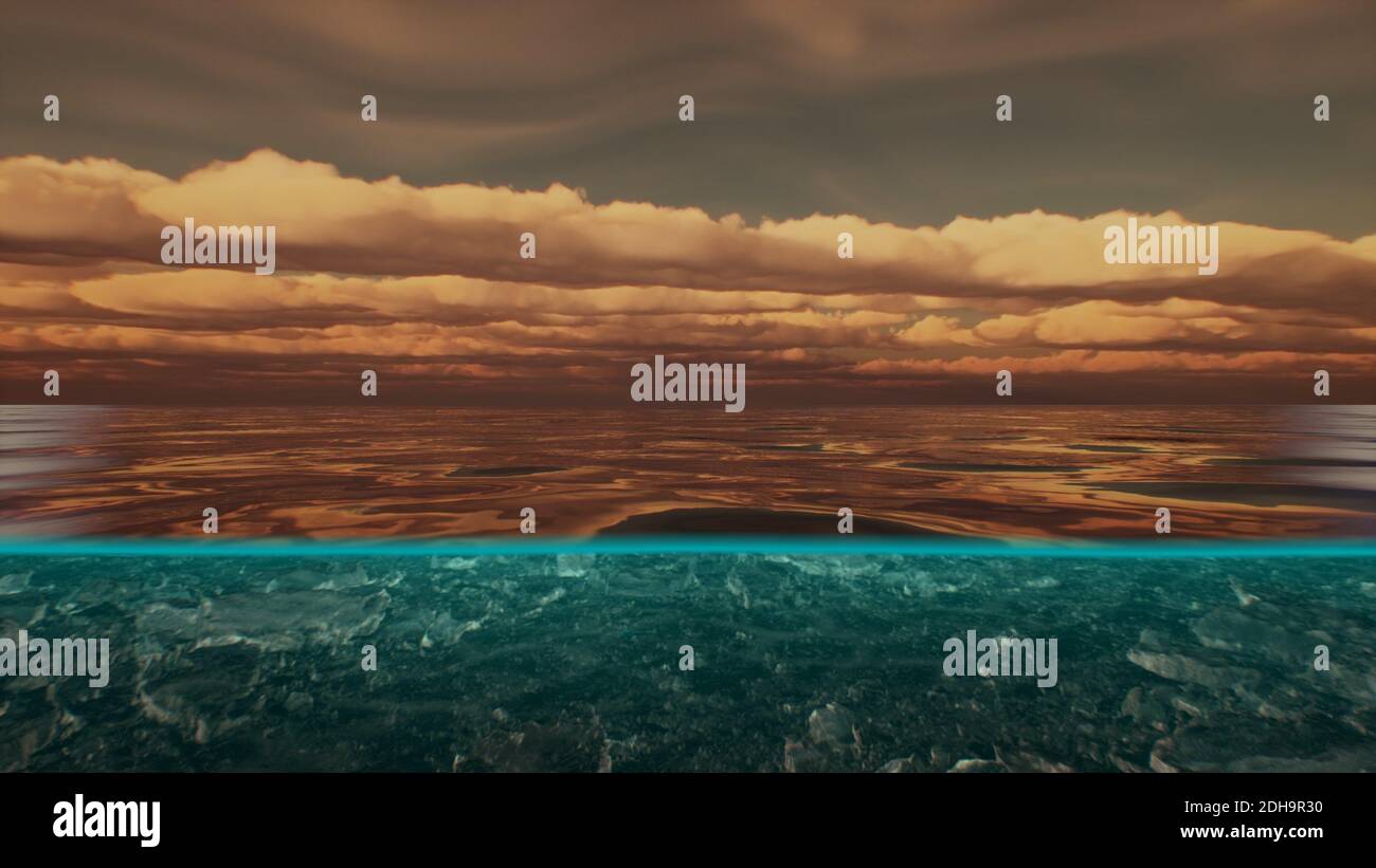 Split view over and under water in the Caribbean sea with clouds Stock ...