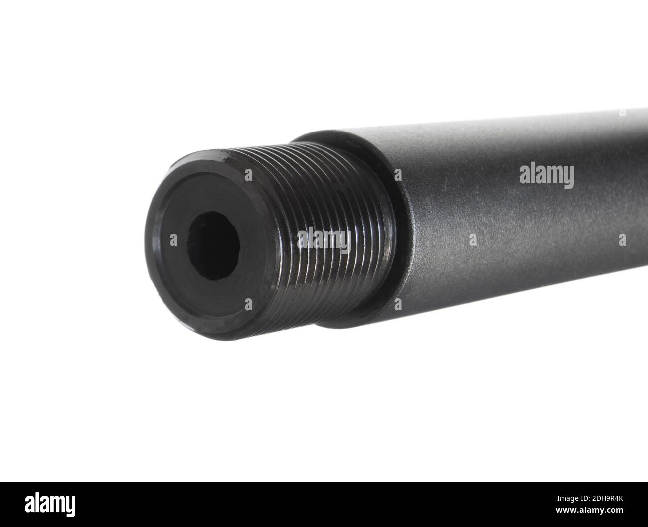 Rifle barrel that is threaded for a muzzle device isolated on white ...