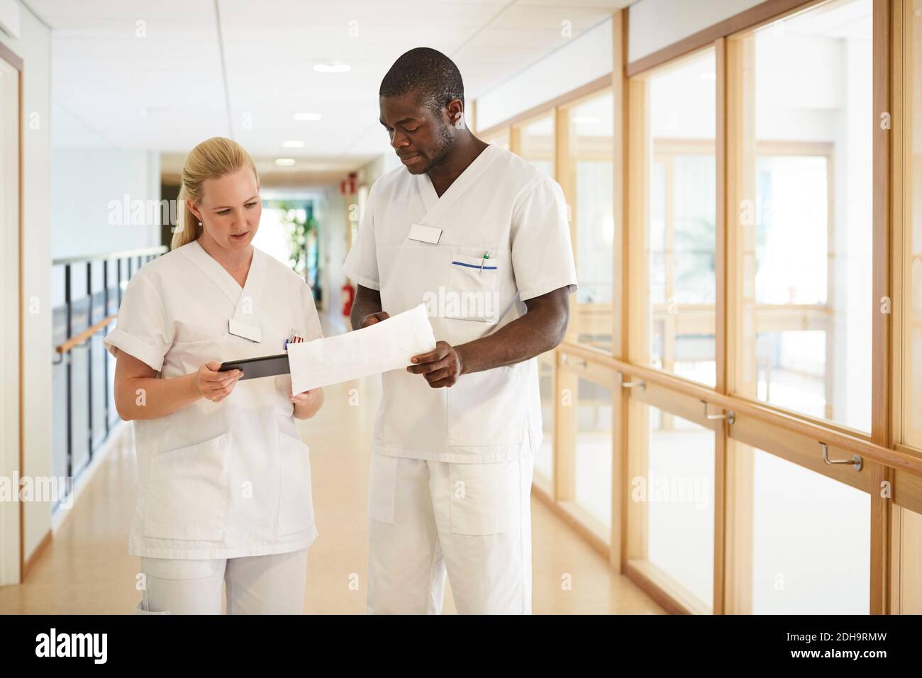 Male and female nurse using digital tablet while examining document in hospital corridor Stock Photo
