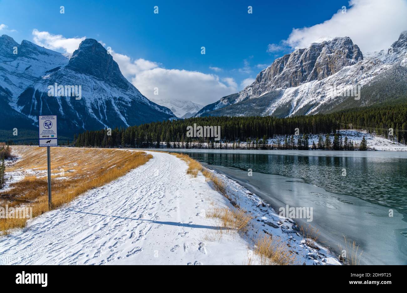 Rundle Forebay Reservoir in winter sunny day morning. Clear blue sky