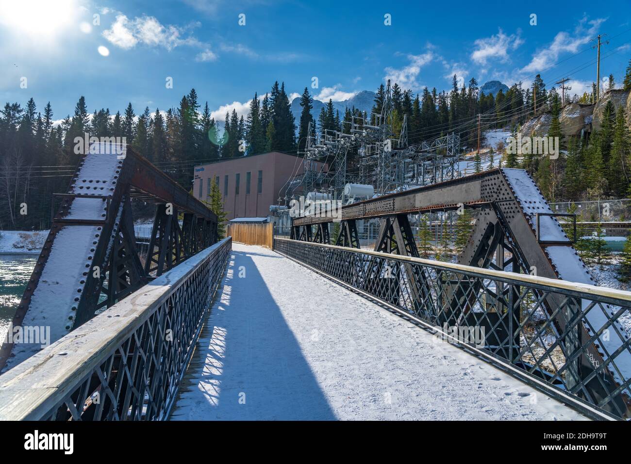 Rundle hydro power plant Canmore in the Canadian Rockies in winter season sunny day morning. Canmore, Alberta, Canada. Stock Photo