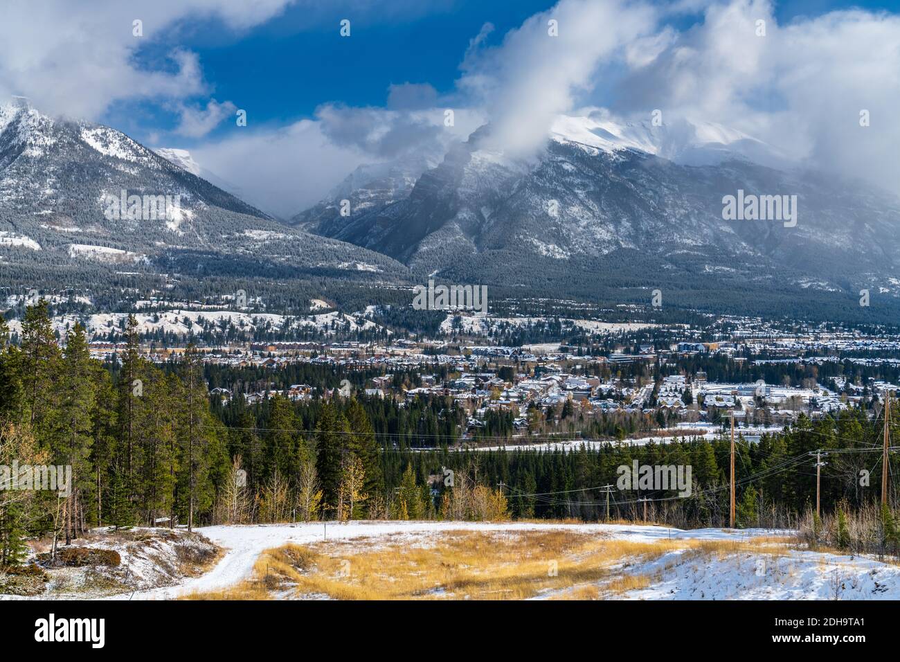 Rundle hydro power plant Canmore in the Canadian Rockies in winter season sunny day morning. Canmore, Alberta, Canada. Stock Photo
