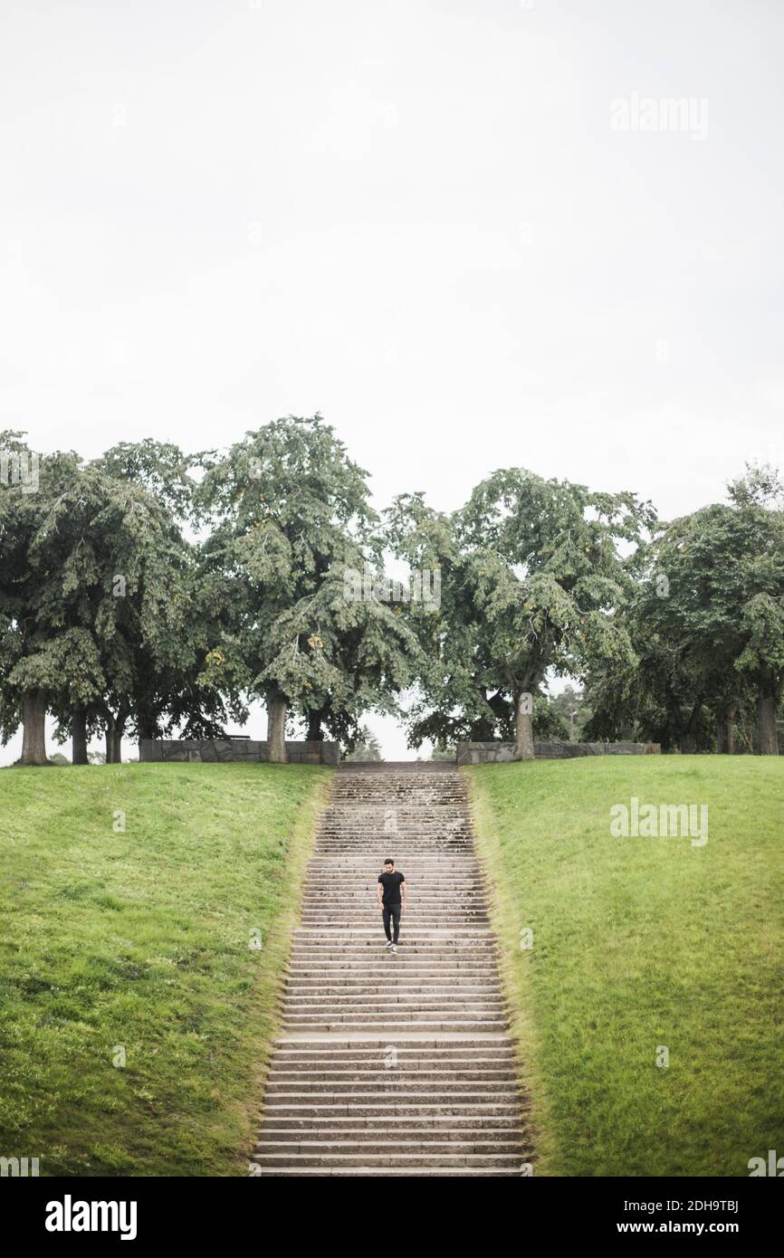 Aerial view of young man moving down on staircase against trees and sky Stock Photo