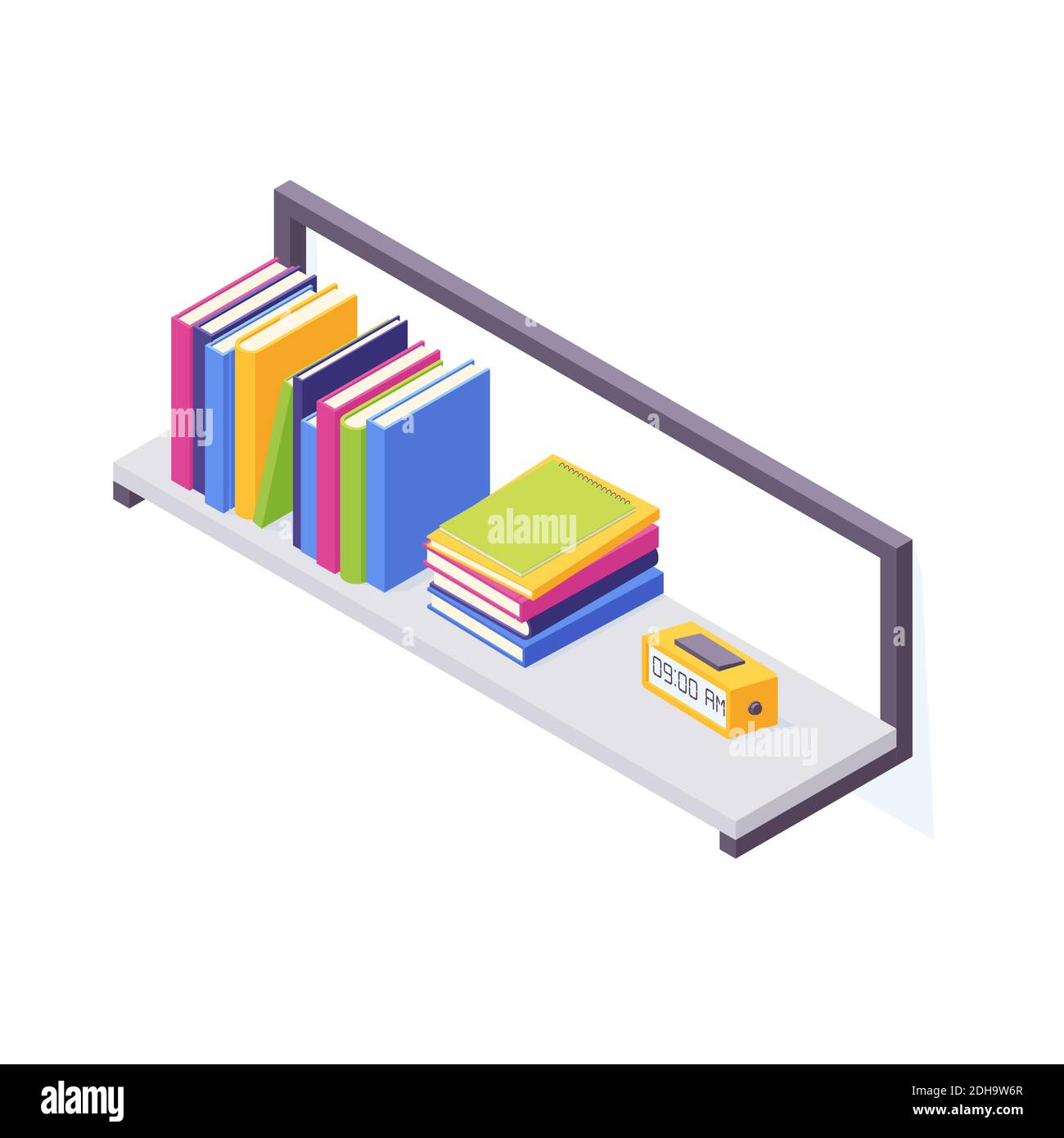 Books on shelf in isometric vector illustration. Stock Vector
