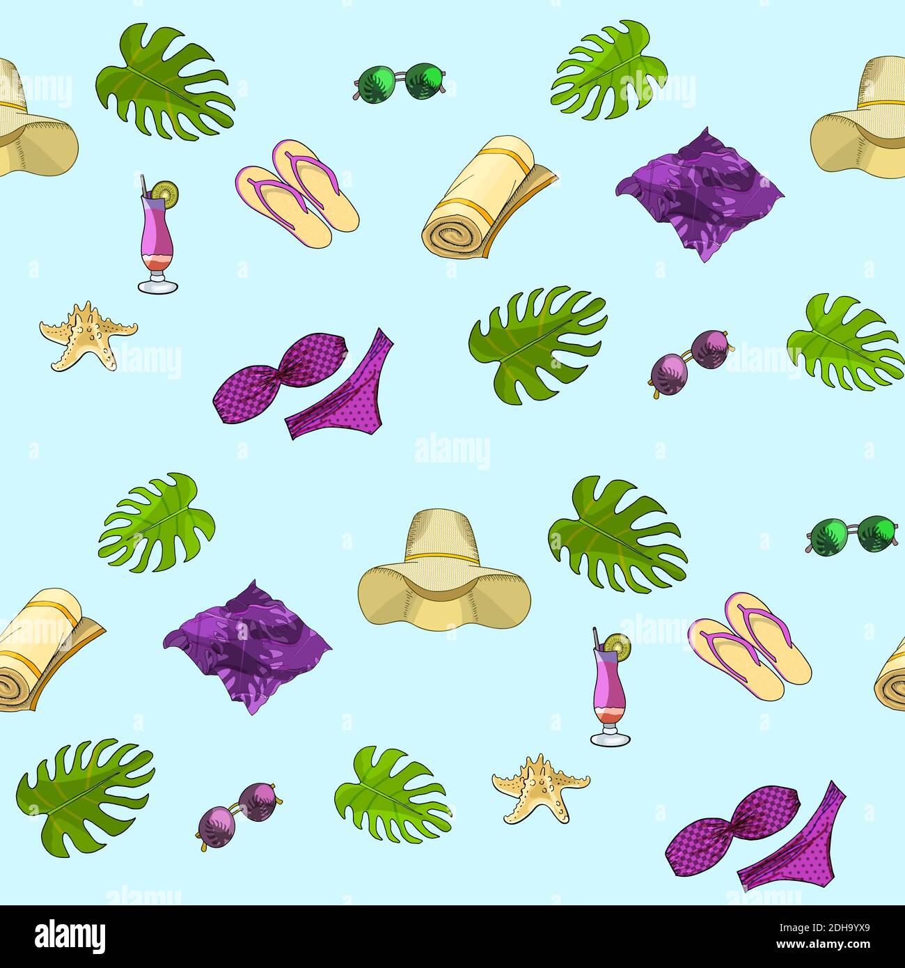 Summer beach seamless pattern. Vector hand drawn illustration Stock Vector