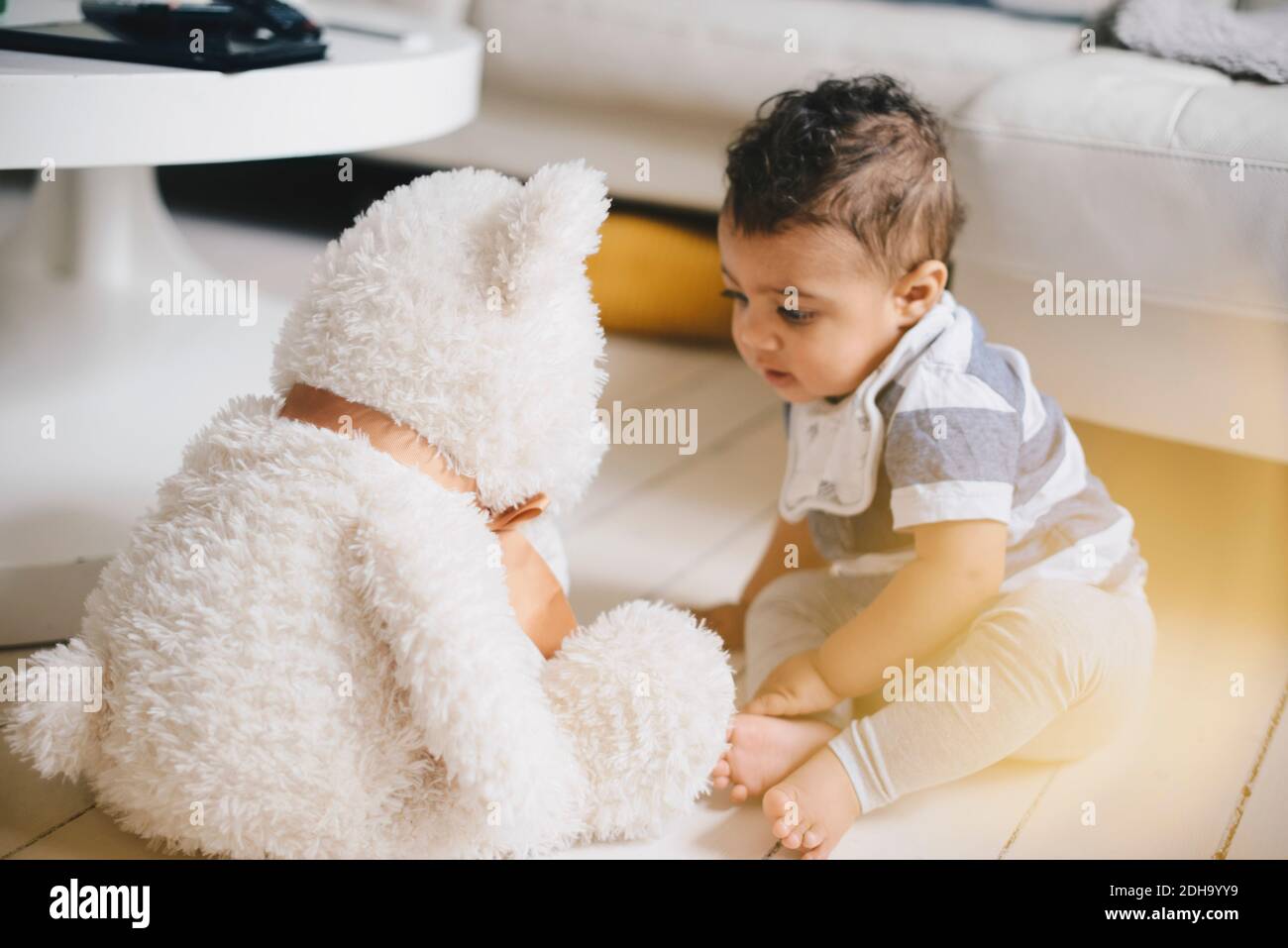Toddler looking at teddy bear while sitting on floor at home Stock ...