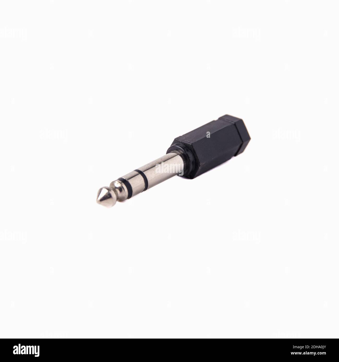 Plastic audio Jack adapter minijack to Jack, isolated on white background Stock Photo