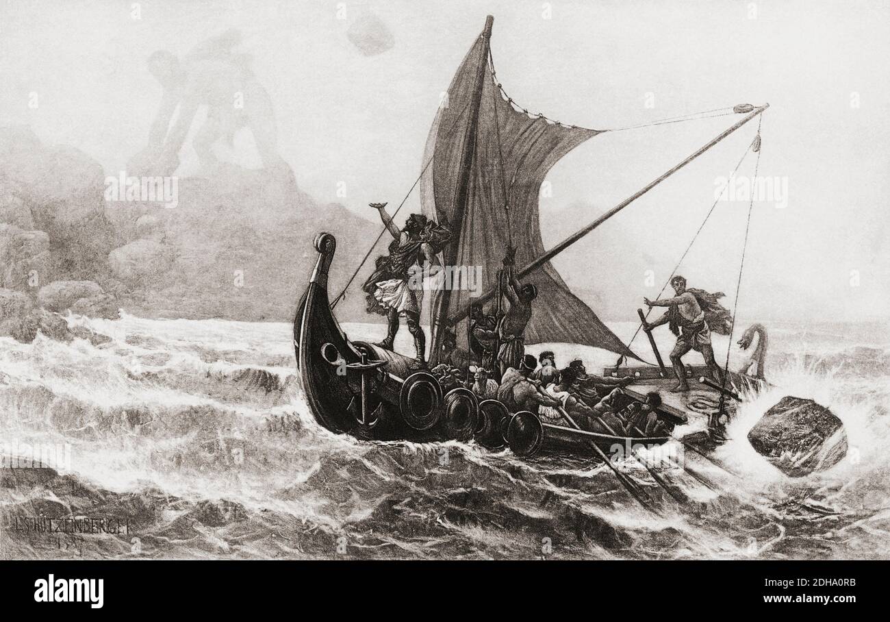 The Cyclops Polyphemus, son of Poseidon, hurls boulders at Ulysses’s ship.  A story in Homer’s Odyssey.   After a 19th century work by Louis-Frederic Schutzenberger. Stock Photo