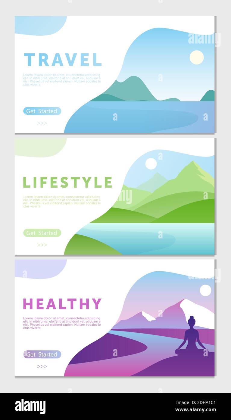 Cartoon flat healthy lifestyle traveling concept collection with mountain lake natural scene, active athlete running, yogist doing yoga asana in Stock Vector