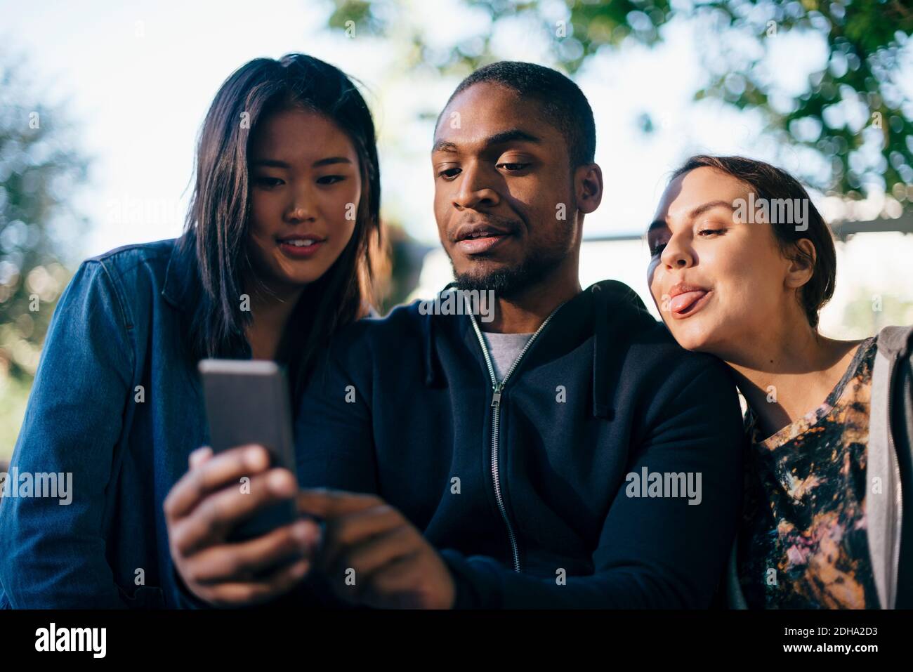 Low angle view of man taking selfie with female friends Stock Photo - Alamy