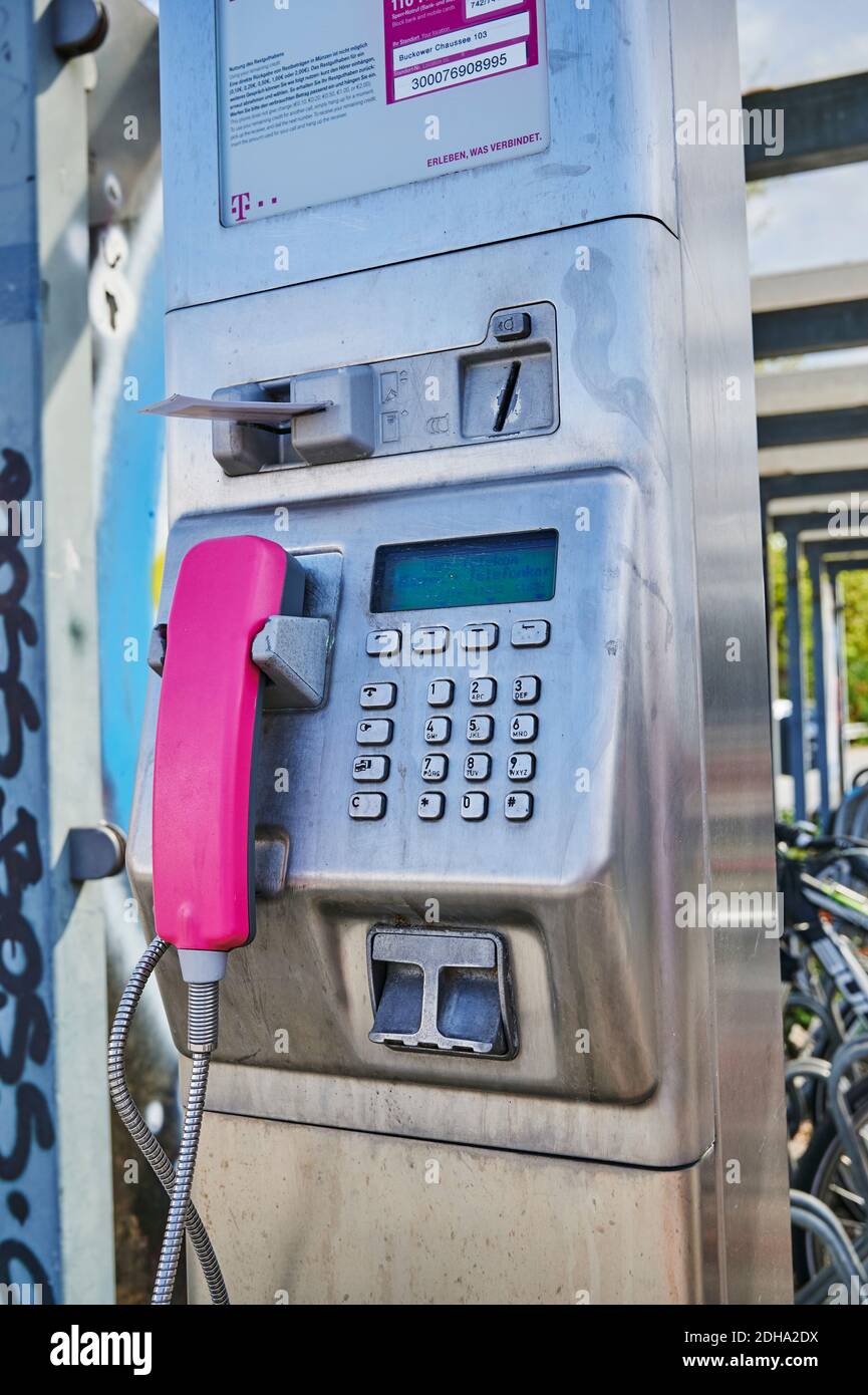 Berlin, Germany April 17, 2020 View to a public phone with telephone