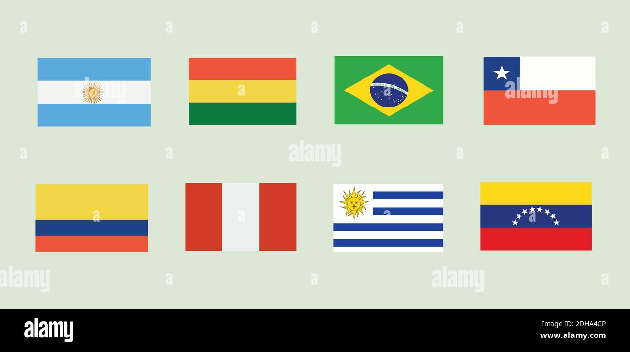 Set of Eight South American Flags on grey background. Stock Vector