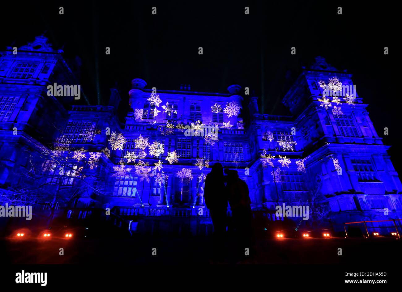 Wollaton Hall in Nottingham which has been transformed into an enchanted light experience to create Christmas at Wollaton Hall, a unique, socially distanced festive outdoor light installation. Stock Photo